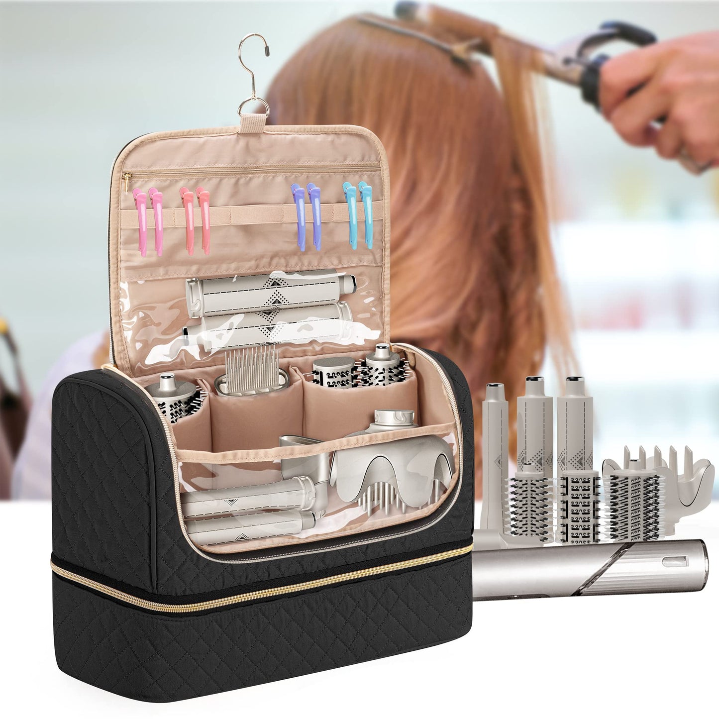 Yarwo Large Airwrap Storage Bag Compatible for FlexStyle Styling (HD 430/440), Double Layers Travel Case Box for Flexstyle/Airwrap and Hair Styler Attachments, Black (Bag Only)