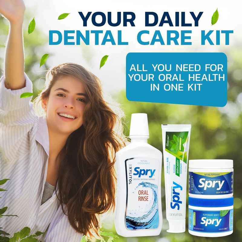 Spry Total Dental Health Kit, All Day Oral Care and Gum Health Kit Including Xylitol Sugar Free Gum, Candy Mints, Oral Rinse and Spearmint Toothpaste