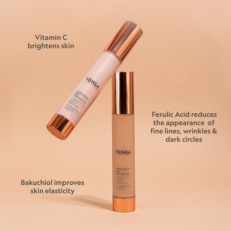 YENSA Super Serum Silk Foundation - Hydrating, Full Coverage Foundation with Vitamin C & Bakuchiol Oil - Blurs Imperfections & Evens Skin Tone - Korean Skin Care Makeup - Tan 1 (1 oz)