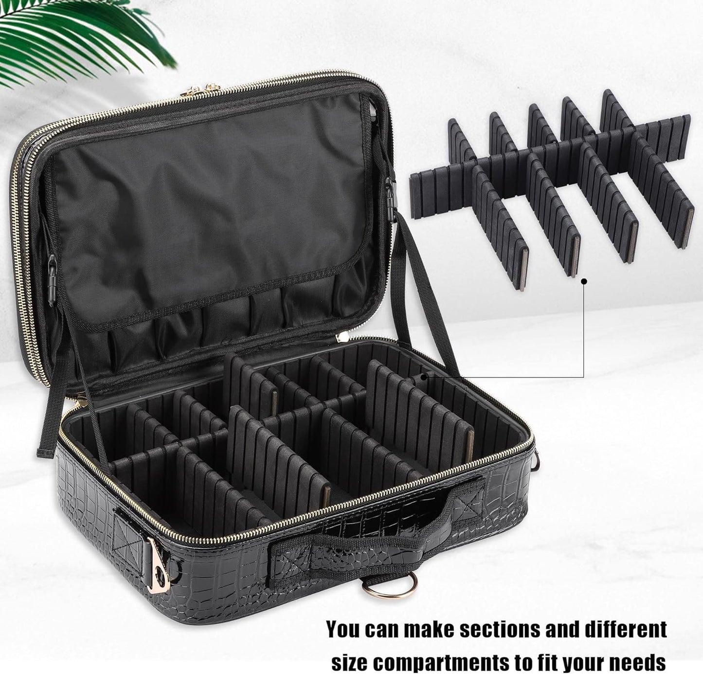 Travel Makeup Train Case - Large Capacity Cosmetic Bag Organizer for Women | Adjustable Dividers & Shoulder Strap - Medium Crocodile Pattern Black
