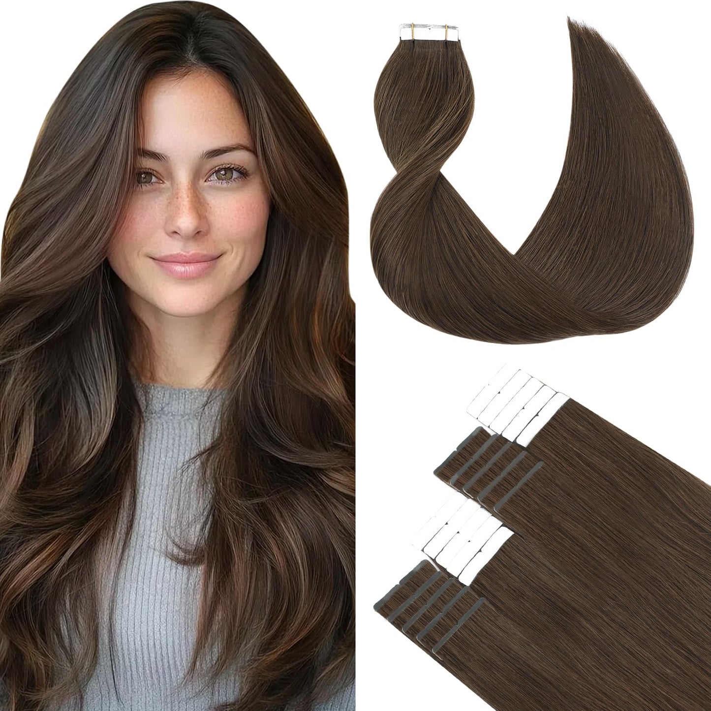 SURNEL Tape in Hair Extensions Human Hair 14 inch 20pcs 50g Straight Tape inHair Extensions Color 4 Medium Brown Hair Extensions(#4-14)