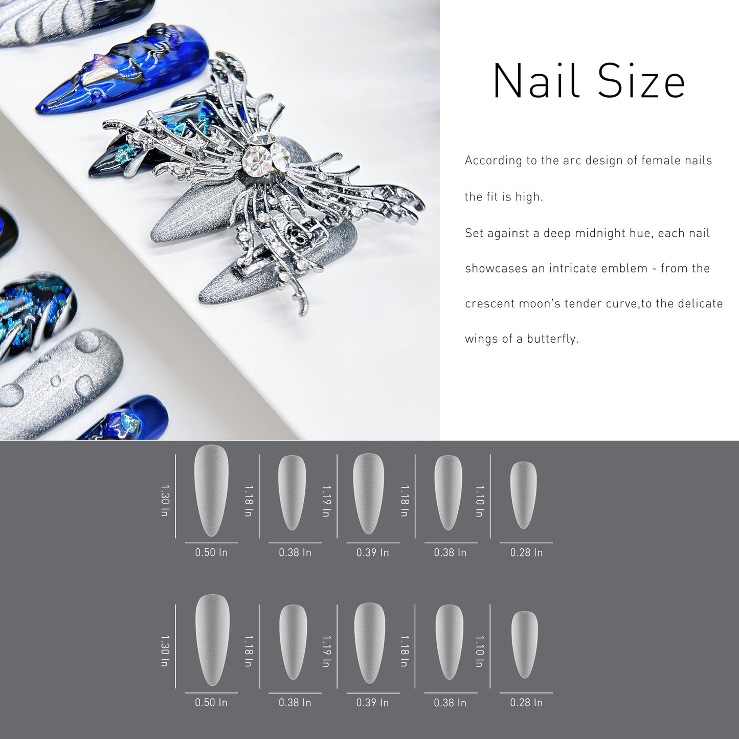 Press on Nails Handmade Luxury Long Style Almond Reusable Halloween Goth Nail for Women and Girls 11pcs (Blue Butterfly-M, One Size)