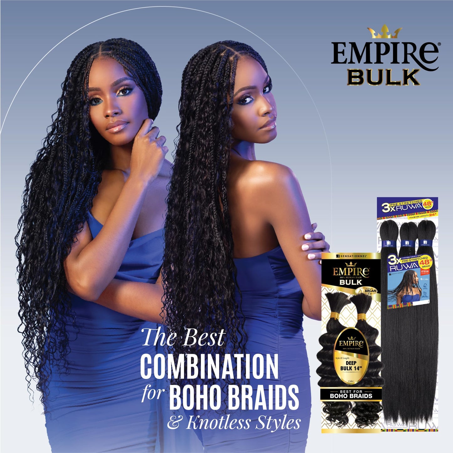 Sensationnel Empire Bulk Braiding – Deep Human Hair Braids for Knotless Boho Box or Curly Loose Wave Styles - 1 pack (14 inch, 1B OFFBLACK)