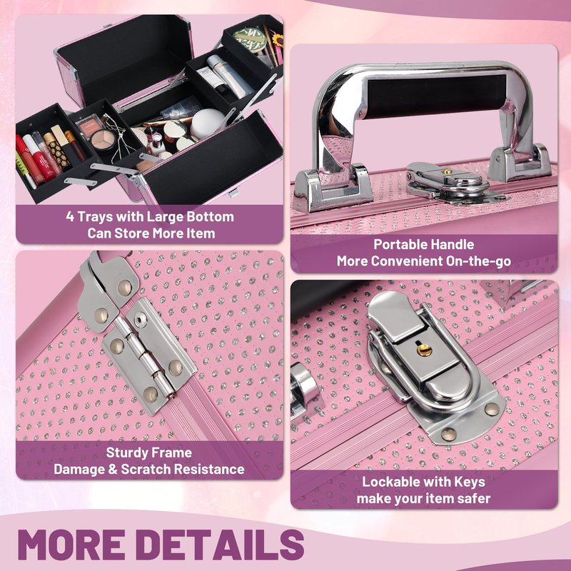 HAISKY Makeup Train Case Cosmetic Organizer Case Makeup Box Portable Make Up Artist Travel Case with 4 Trays Dividers Lockable Hard Train Case Nail Tech Supply Storage - Crystal Pink