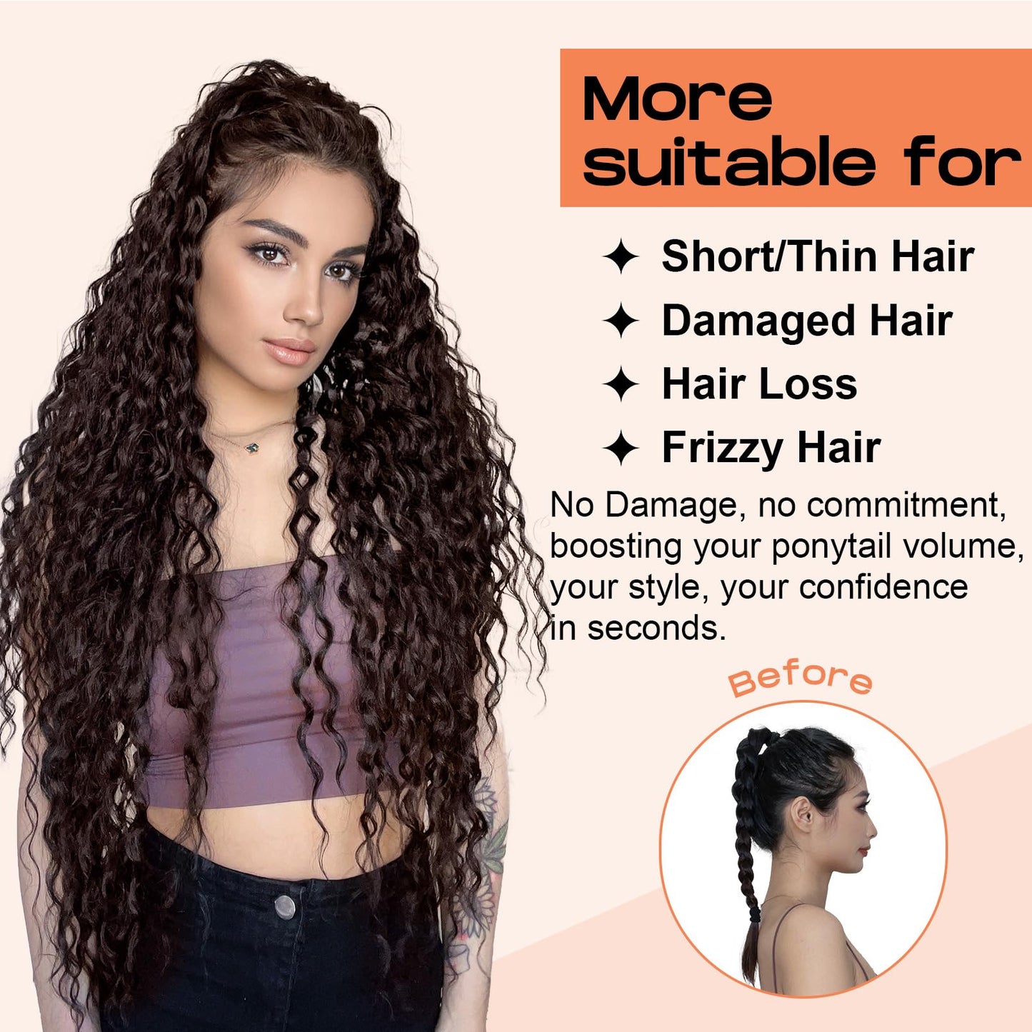 SEIKEA Black Ponytail Extension, 36" Long Lightweight Full Natural Curly Drawstring Ponytail Fake Pony Tail Multi Layered Soft Clip in Hair Extensions Ponytail Synthetic Hairpiece for Women