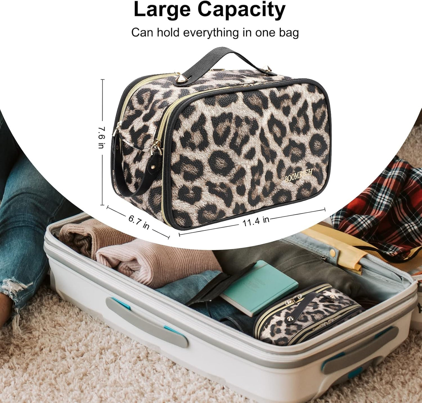 Large Travel Makeup Bag - Water-Resistant Leather Toiletry Organizer | Leopard Print Design