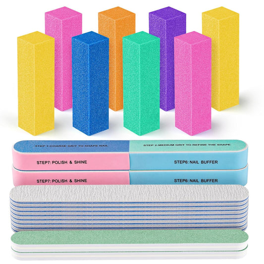 FANDAMEI Nail Files and Buffers, 20PCS Nail File Kit. Rectangular Nail Buffer Block & 100/180 Grit 7 Way Nail File & Polishing Buffer. Nail Prep Kit. Professional Manicure Nail Tools
