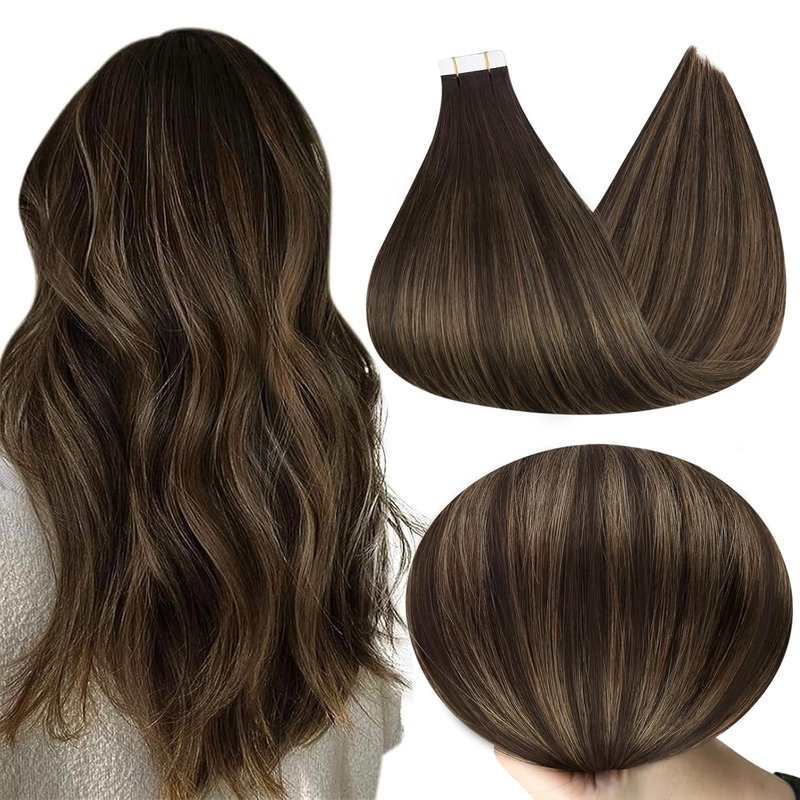 Real Human Hair Tape-In Extensions - 20 Inch Double-Sided, Dark Brown to Ash Brown | 50g Seamless Volume Boost
