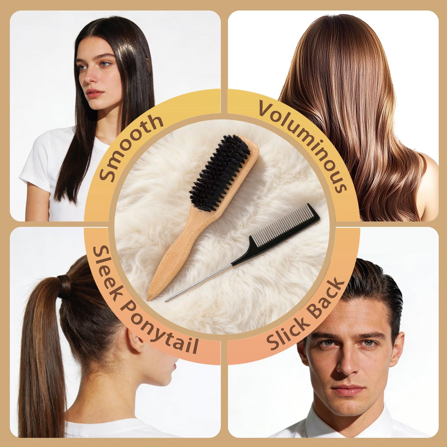 BlueForest Era Slick Back Hair Brush, Boar Bristles Smoothing Hair Brushes & Black Rat Tail Comb, Natural Wooden Hair Brush for Men Women, Soft & Hard Bristles Brush for Hair Smooth Flyaways