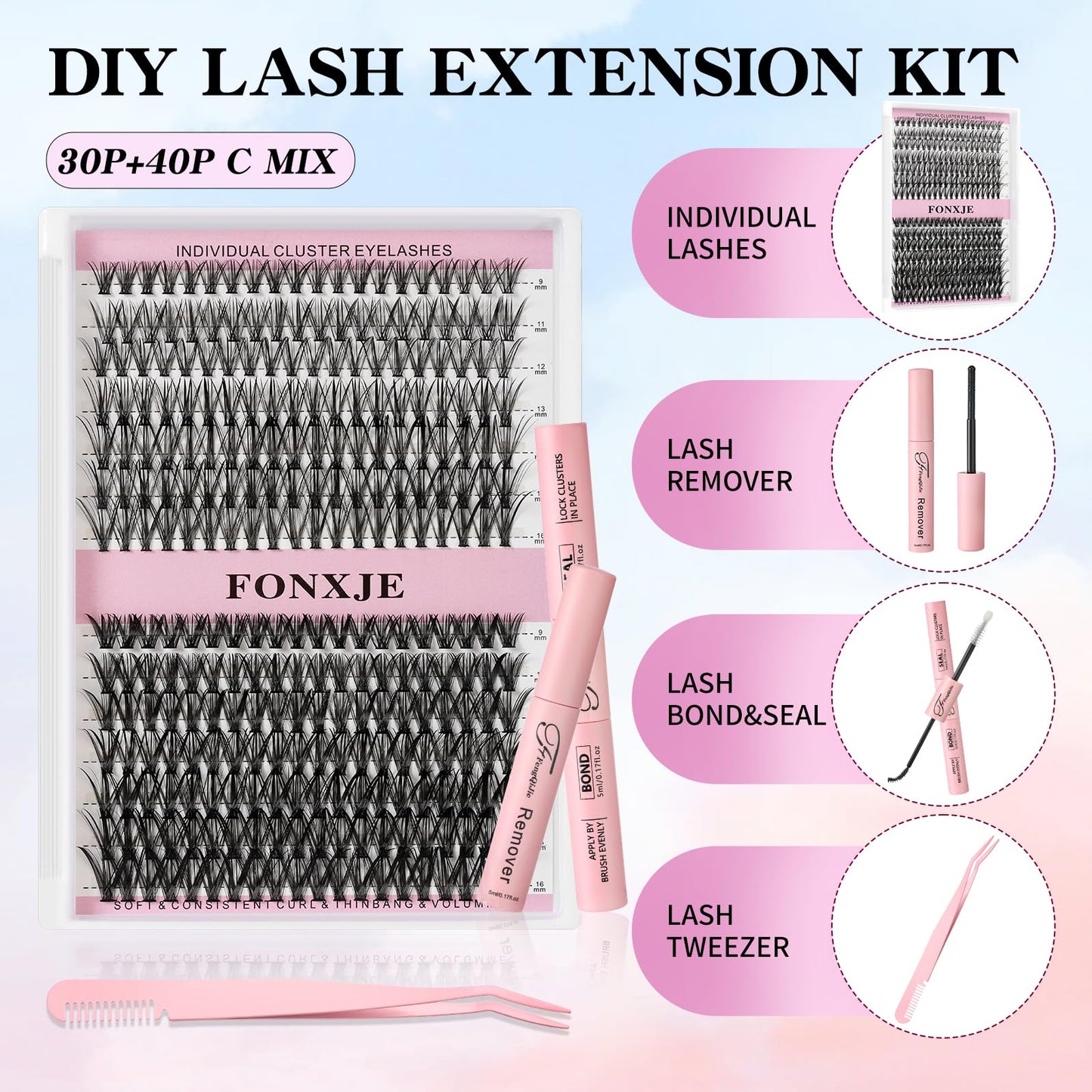 FONXJE DIY Lash Clusters Kit for At-Home Eyelash Extensions | 280 Cluster Lashes (9mm-16mm) with Lash Glue, Bond Sealer & Tweezers | Reusable Cluster Lash Extension Kit for Natural Volume(30D+40D)