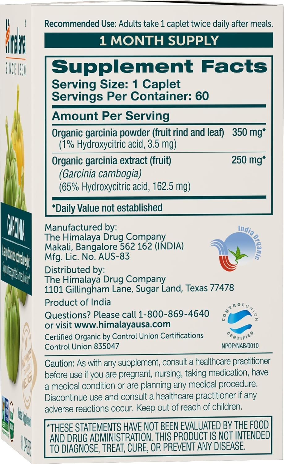Organic Garcinia Cambogia Supplement - Appetite Support & Lipid Metabolism | 600 mg, 60 Vegan Caplets, 2 Pack