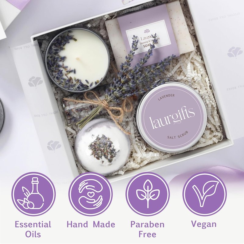 Lavender Spa Gift Basket - Relaxing Self-Care Set with Candle & Bath Essentials | Perfect Birthday Gift for Women