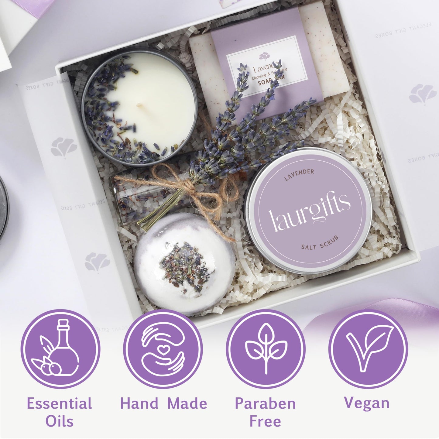 Birthday Gifts for Women – Lavender Spa Gift Basket, Small Candle Set with Bath Gifts, Relaxing Self Care Basket, Lavender Gift for Her