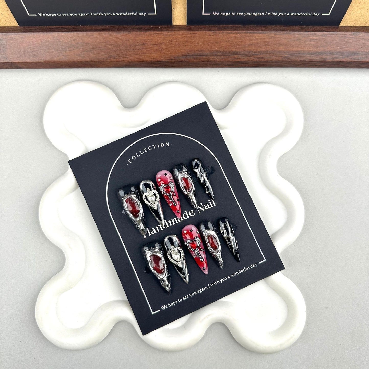100% Handmade Press on Nails Halloween Nail Press ons Medium Almond Black Fake Nails with Skeleton Silver Charms Design Halloween Press on Nail Gothic Reusable Handmade Nails for Women Girls Size M