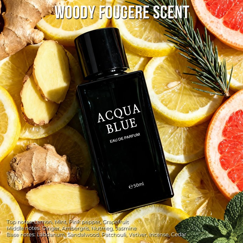 Acqua Blue Eau de Parfum for Men, 50ml Fresh Woody Fougere Cologne with Lemon, Mint & Pink Pepper Notes, Long-Lasting Clean Masculine Fragrance for Office, Daily Wear & Gifts