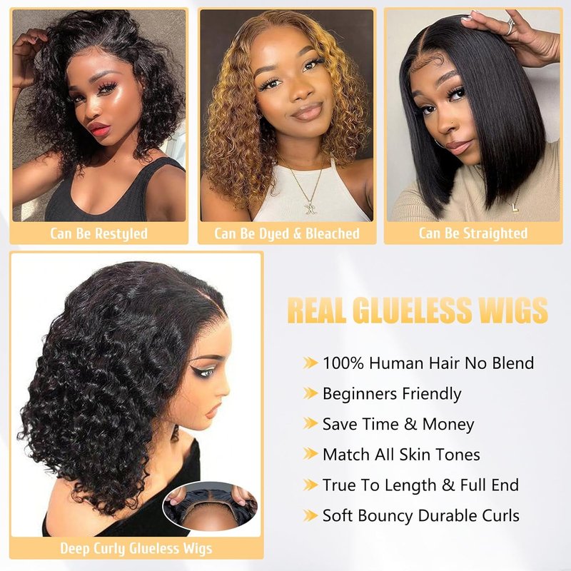 Glueless Human Hair Bob Wig - Pre Plucked Deep Wave Curly 12 Inch | 180% Density Lace Closure for Women