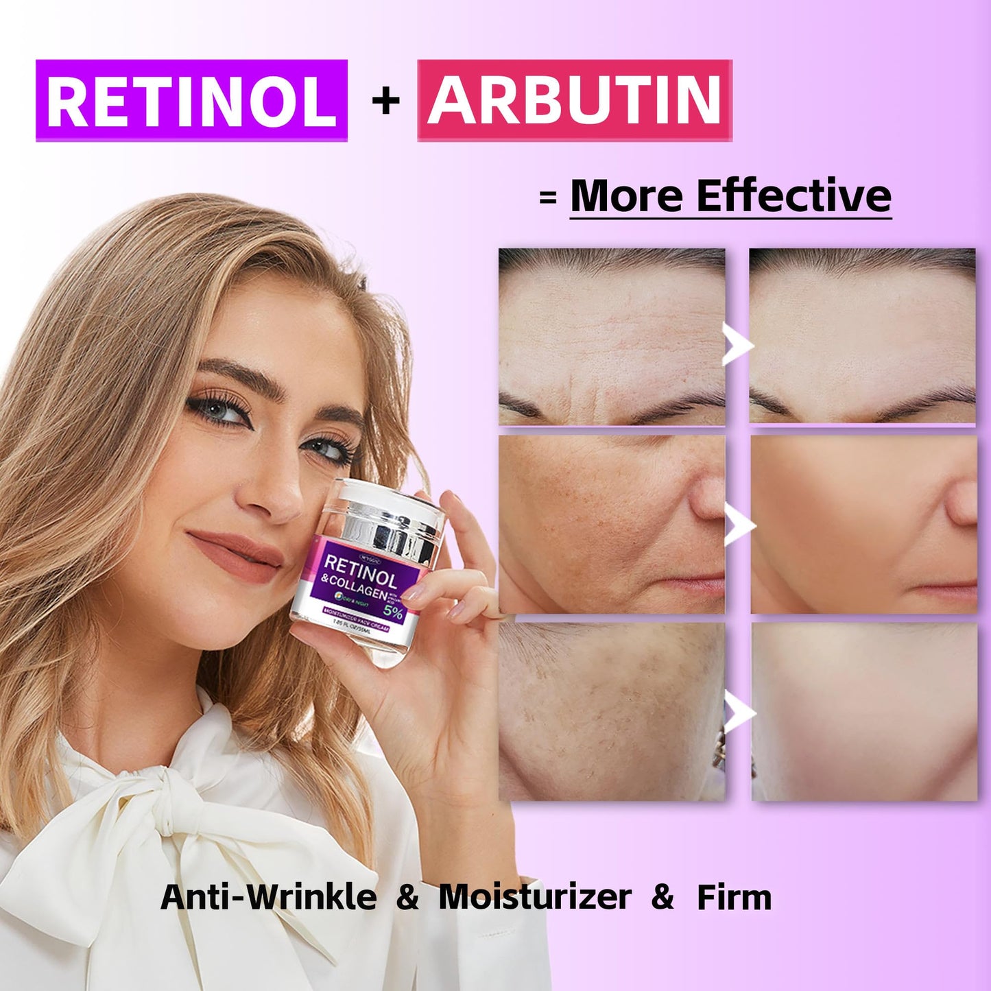 Collagen Moisturizer Retinol Face Cream with Hyaluronic Acid & Arbutin, Day & Night Anti Aging Facial Moisturizing Cream for Face and Neck to Reduce Wrinkles, Women and Men ，1.85 Fl Oz