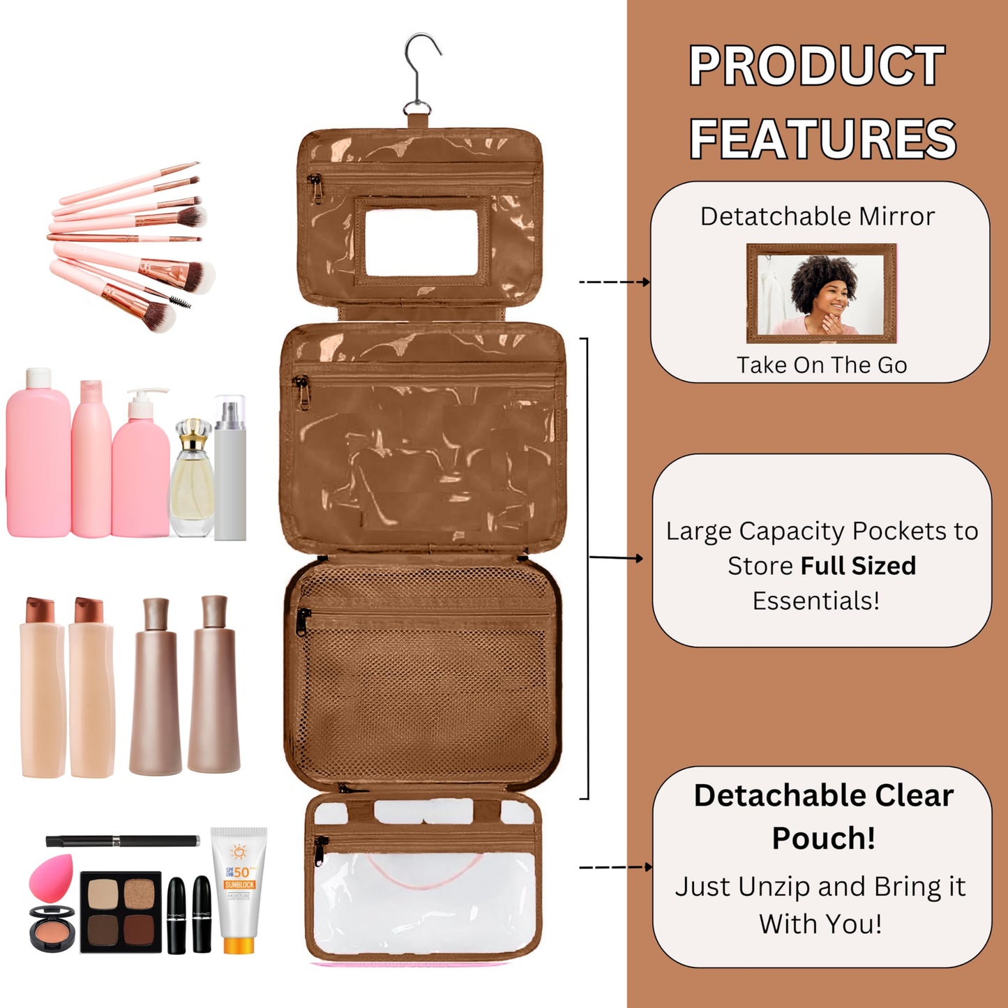 ESSENTE Women's Travel Toiletry Bag with Removable Pouch and Hanging Hook - Water Resistant Makeup Cosmetic Oraganizer with Multiple Compartments for Accessories (OFF WHITE FAUX LEATHER)