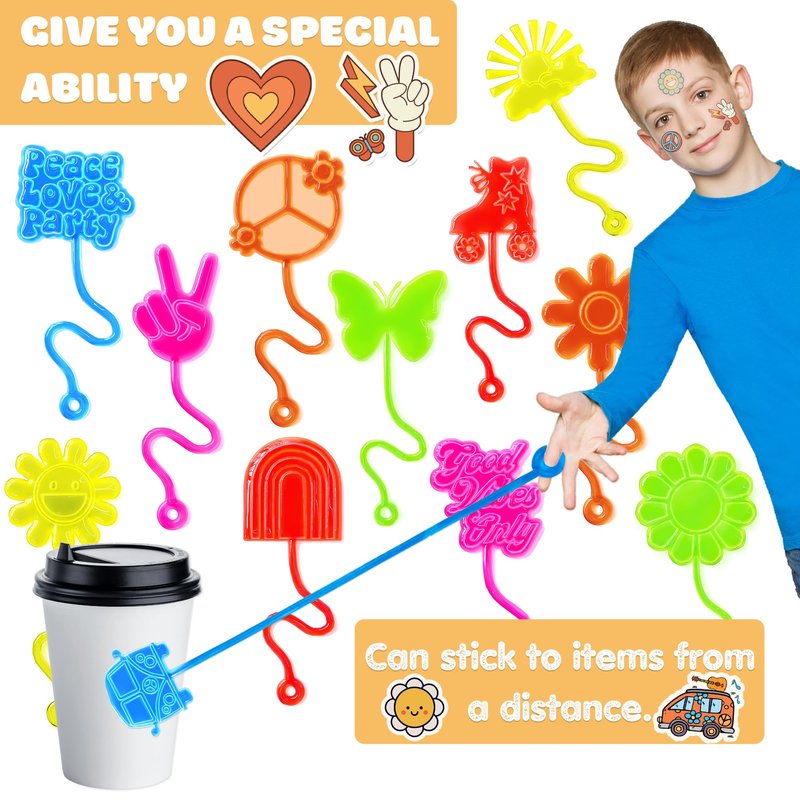48PCS Groovy Party Favors - 24PCS Groovy Temporary Tattoos & 24PCS Groovy Stick Hands - Perfect Birthday Favors, Goodie Bag Stuffers, Treasure Box Toys, Classroom Prizes, and Student Gifts