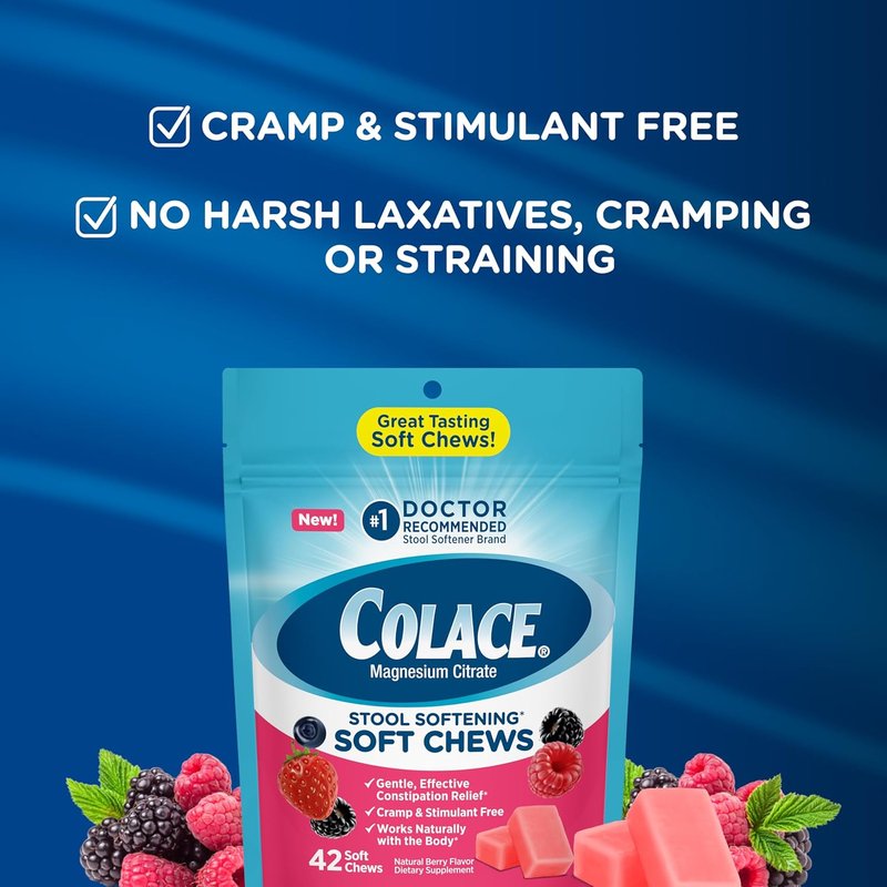 Colace Stool Softener Chews - Gentle Constipation Relief | 42 Count, Mixed Berry Flavor