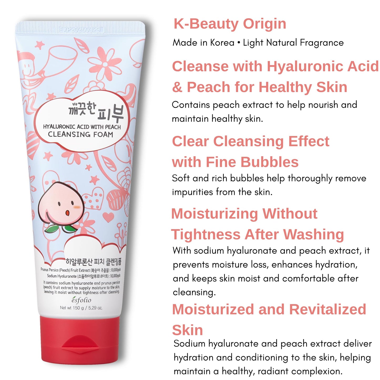 esfolio Hyaluronic Acid with Peach Cleansing Foam Face Wash – Moisturizing Facial Cleanser – Gently Removes Dirt, Oil & Impurities – Soft Creamy Foam with Hydrating Formula (5.29oz -150g)