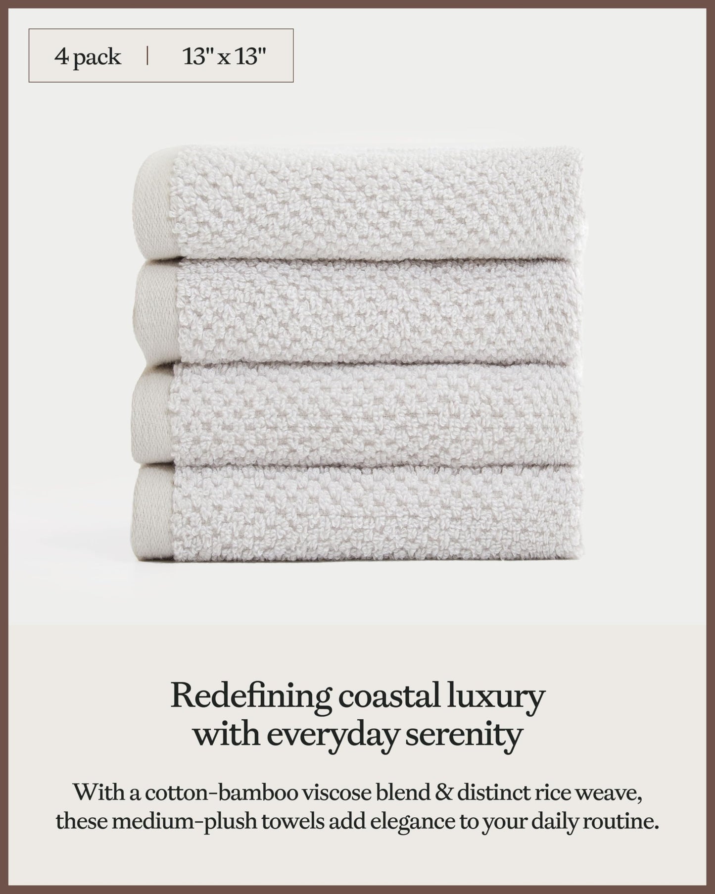 Cozy Earth Nantucket 60% Cotton 40% Viscose from Bamboo Washcloth - 600 GSM Plush & Fast-Drying with Rice Weave Pattern - 4 Pack 13" x 13" Luxury Washcloth - Light Grey
