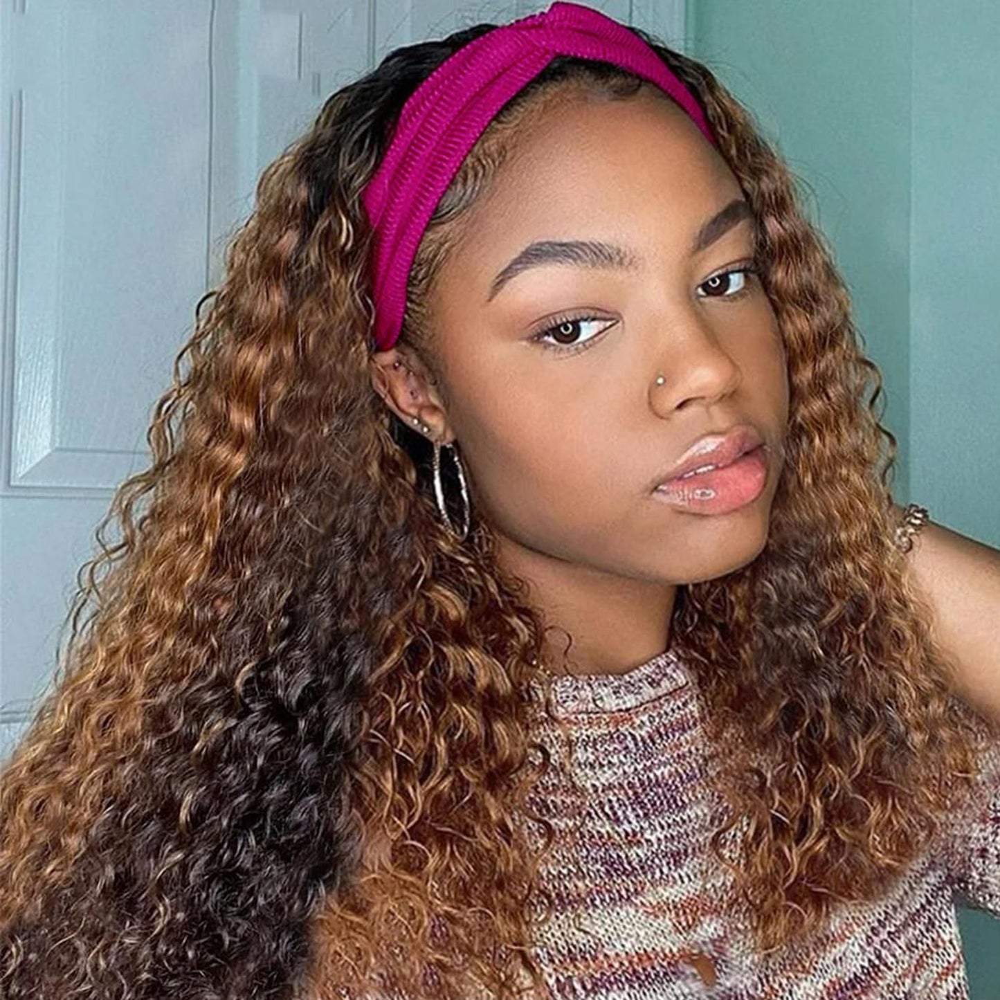 Aiterina Deep Wave Human Hair Wig Highlight Ombre Highlight Curly Human Hair Wig Headband Wigs for Black Women None Lace Front Wigs 150% Density 4/27 Highglight Wig 150% Density 8 inch