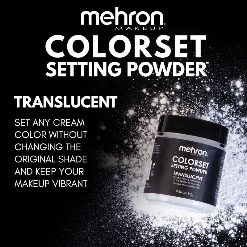 Mehron Makeup Colorset Setting Powder | Talc Free | Translucent Loose Setting Powder for Cosplay, Face & Body Paint, and Cream Makeup .85 oz (24 g) (Translucent) Made in the USA.