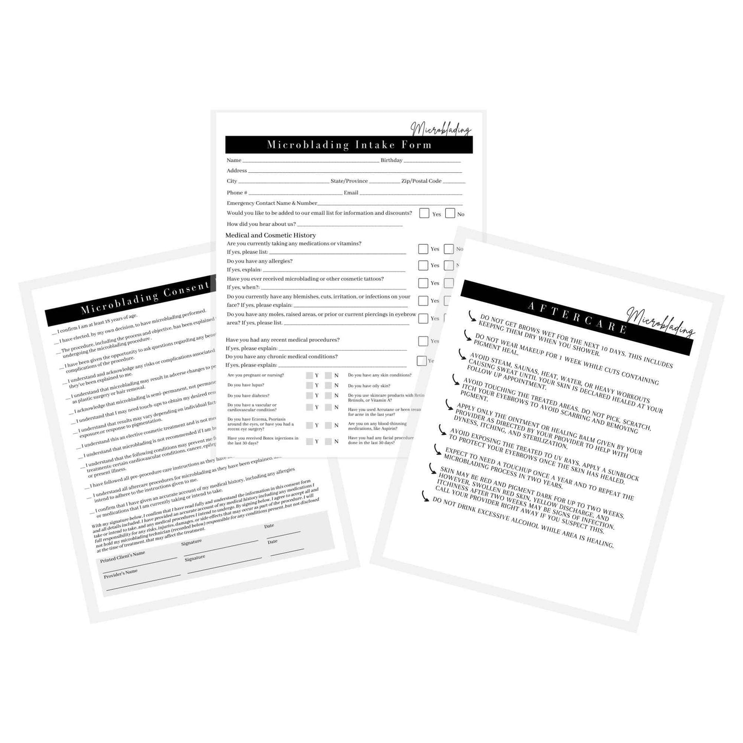 Microblading Intake, Consent, and Aftercare Form | 75 Pack | 8.5 x 11" A1 Forms | Clients Signature | Consent Forms for Microblading | Clients Signature | Minimalist Design
