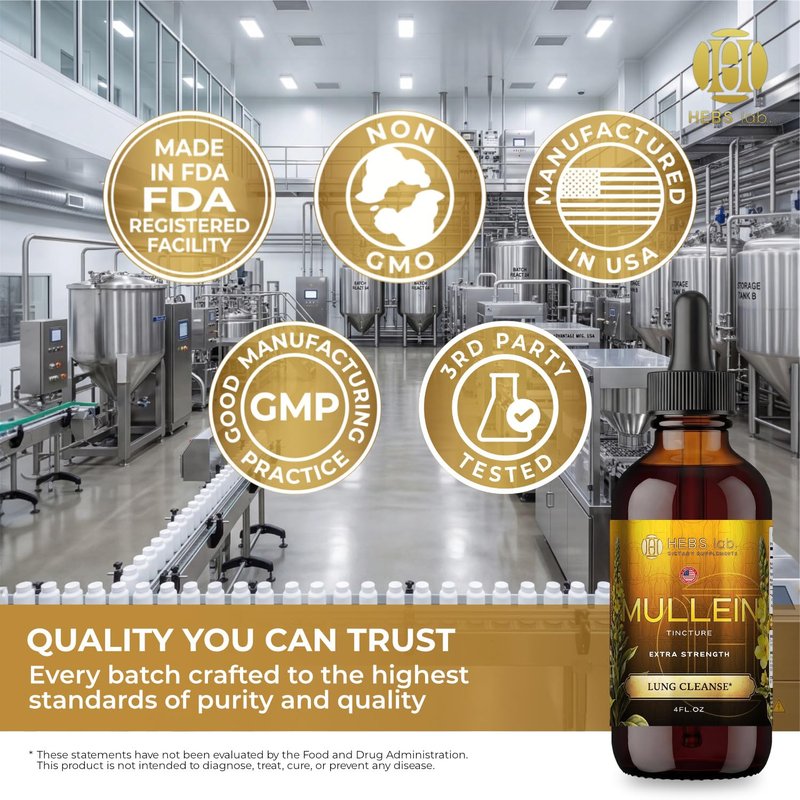 HEBS LAB. Mullein Leaf Extract for Lung Cleanse and Health - Mullein Drops Made in USA - Lung Support Supplement - Herbal Respiratory Support - Mullein Extract Tincture 4 Fl Oz