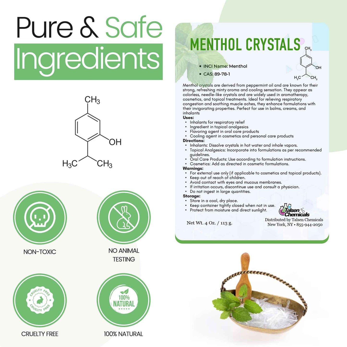Menthol Crystal Cosmetic Grade - 8 Oz / 226 Grams - Menthol Crystals Organic 100% Pure Peppermint Extract for DIY Cosmetics - Menthol Crystals for Shower Steamers,Creams & Soaps by Talsen Chemicals
