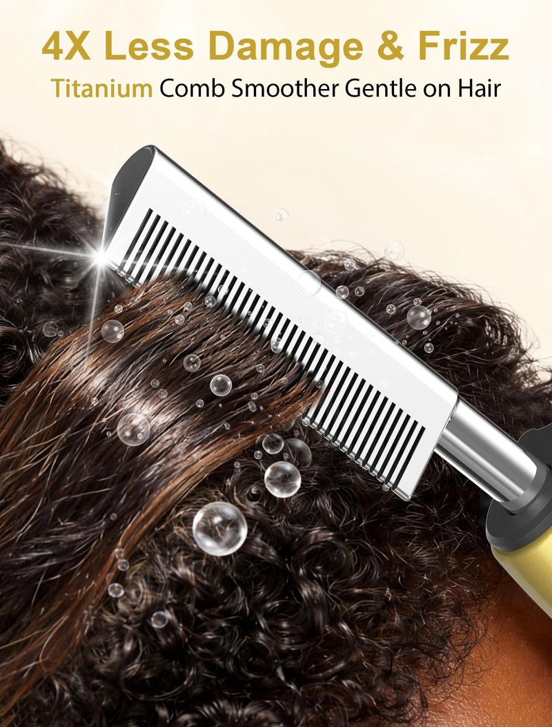Titanium Electric Hot Comb for Wigs & Black Women Hair, Anti-Scald Straightening Comb with 18 Heat Settings 180°F–500°F for Fast Heating Straightening, Gold