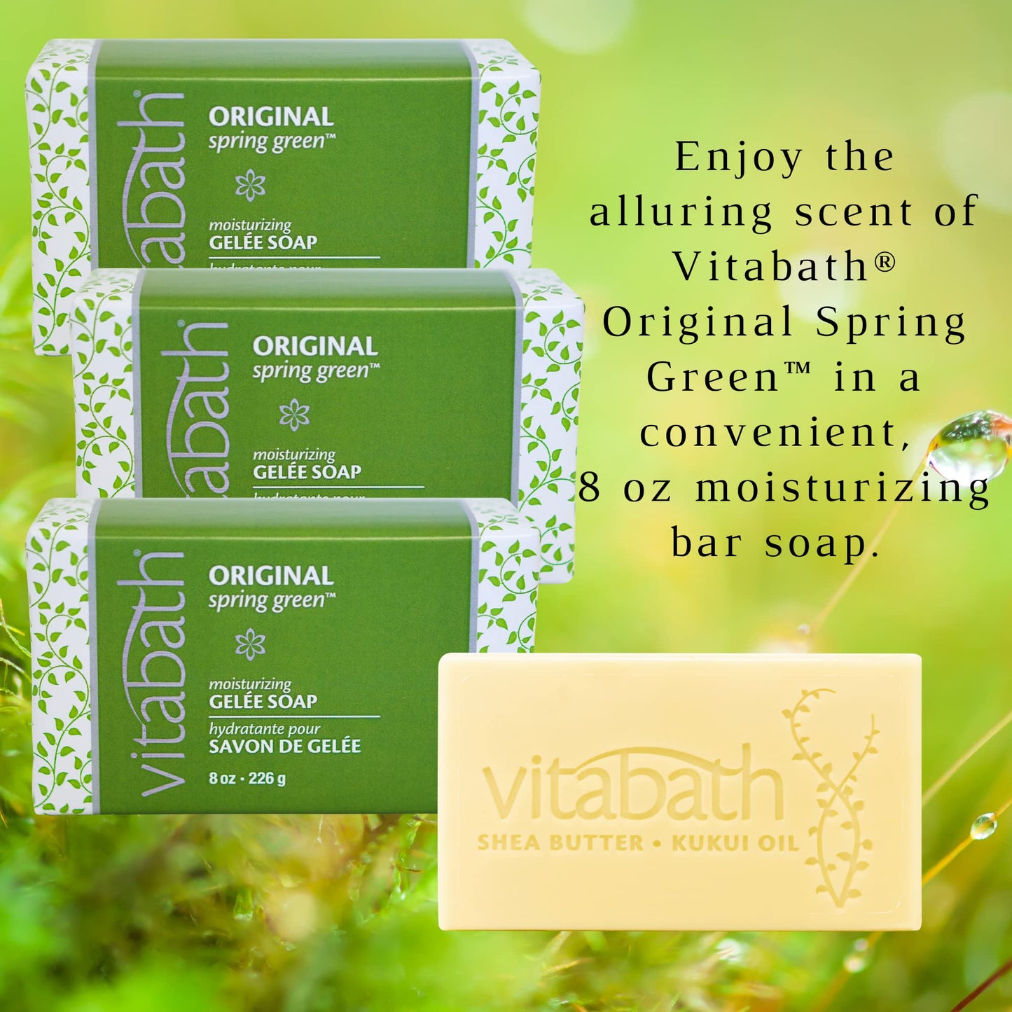 Vitabath Original Spring Green Moisturizing Gelee Bar Soap All Over Gentle Foaming Cleanser & Hydrating Solid Body Wash - Nourish & Rejuvenate All Skin Types Women & Men - 8oz (Pack of 3)