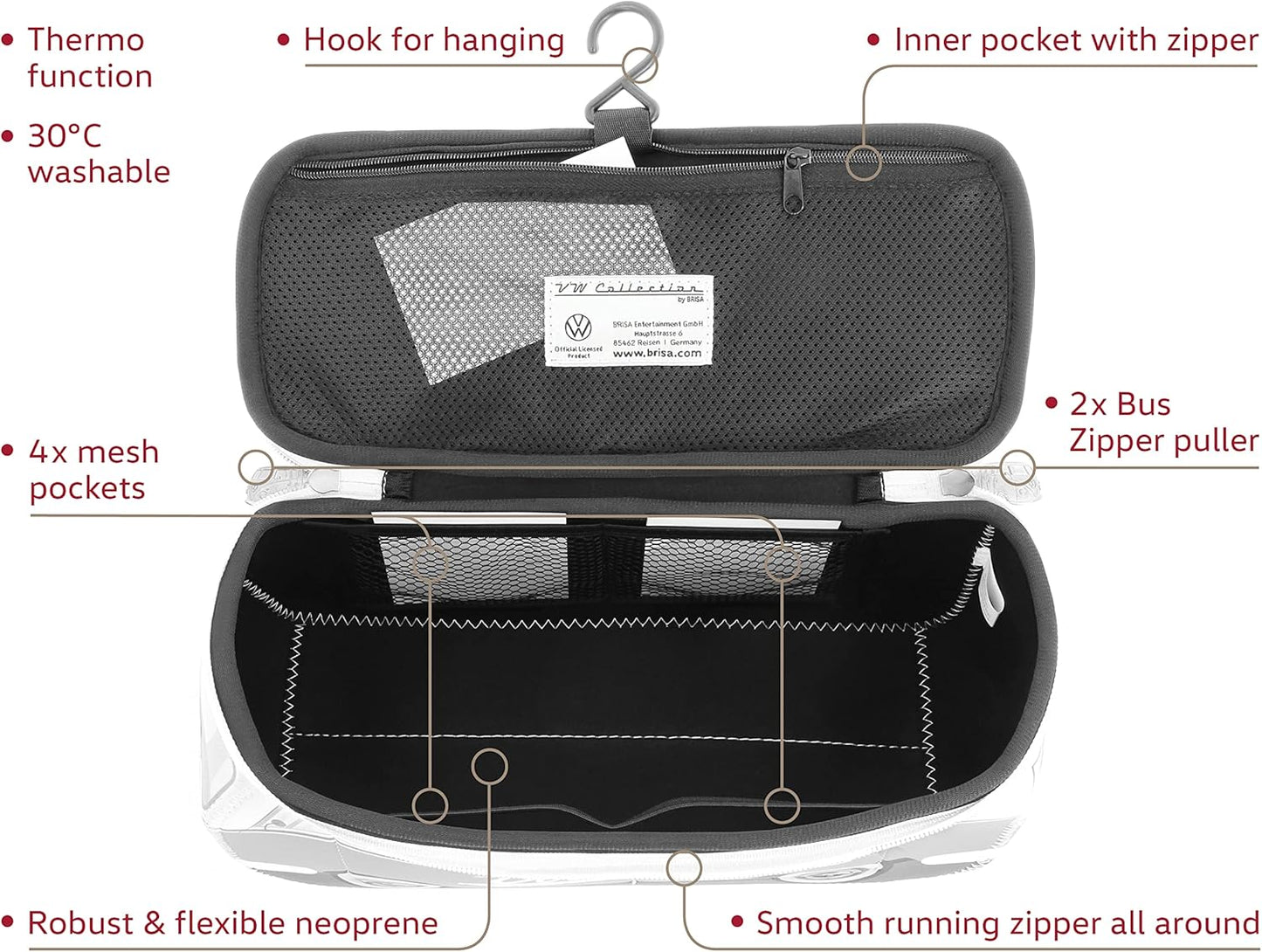 Volkswagen Neoprene Makeup Bag - Universal Toiletry Travel Organizer | T1 Bus Design (Large, Gray)