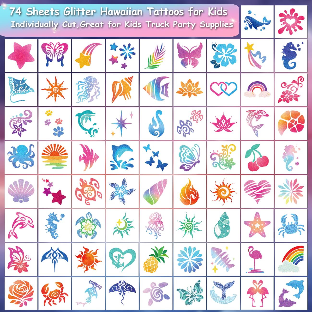 Glitter Temporary Tattoos for Aloha Party Decoration - 74 Individually Sheets Glitter Summer Tattoos for Kids Women Hawaiian Party Favors