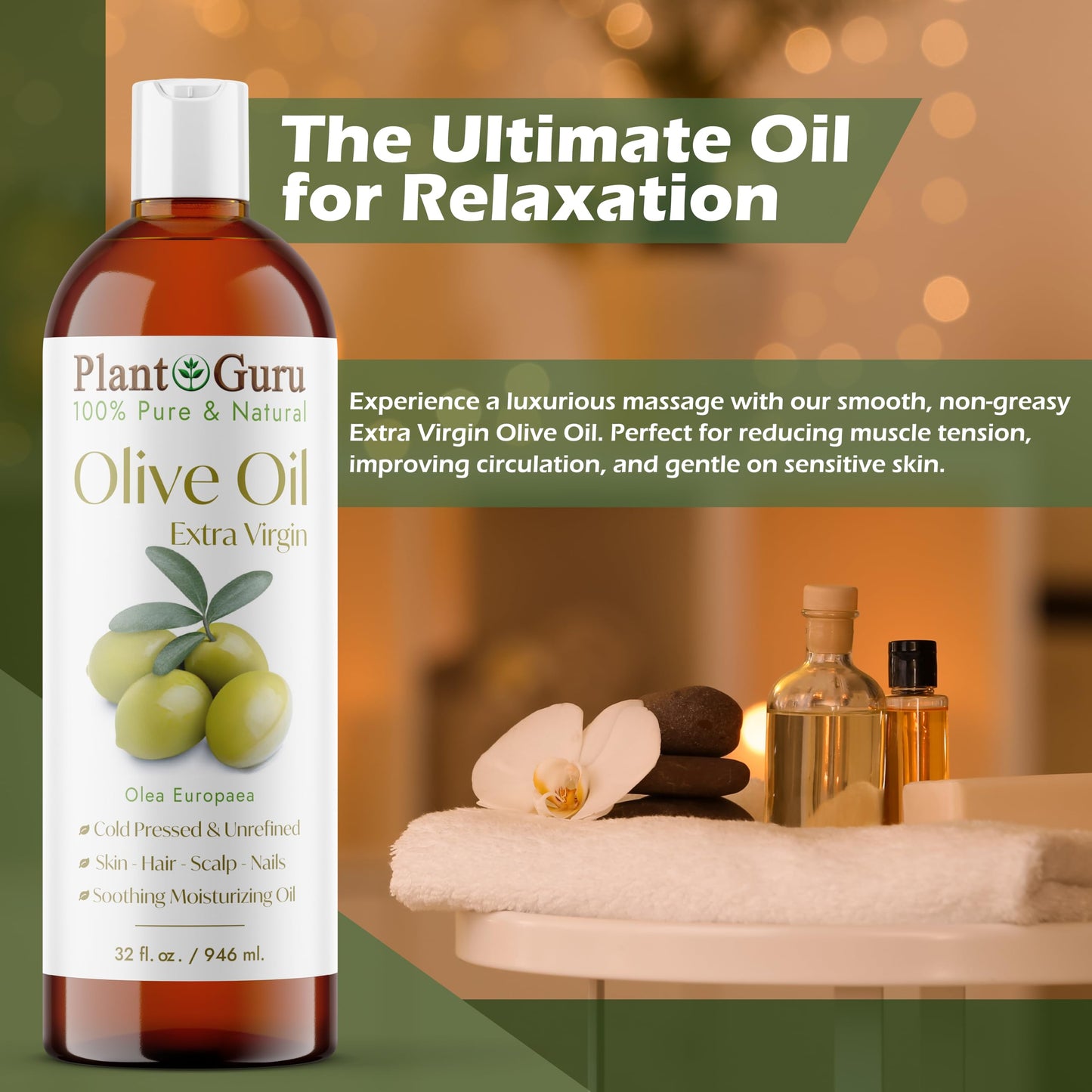 Olive Oil Extra Virgin 32 fl. oz. 100% Pure & Natural Unrefined Carrier Oil - Cold Pressed – Nourishing for Skin and Hair Care – Rich Flavor for Cooking and Beauty Routine