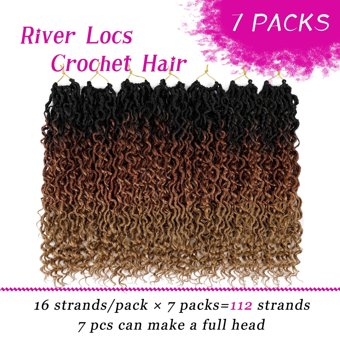 Goddess Locs Crochet Hair 18 Inch 7 Packs Ombre Brown Boho Faux Locs Crochet Hair for Black Women Pre Looped Crochet Locs with Curly Ends (1B/30/27)
