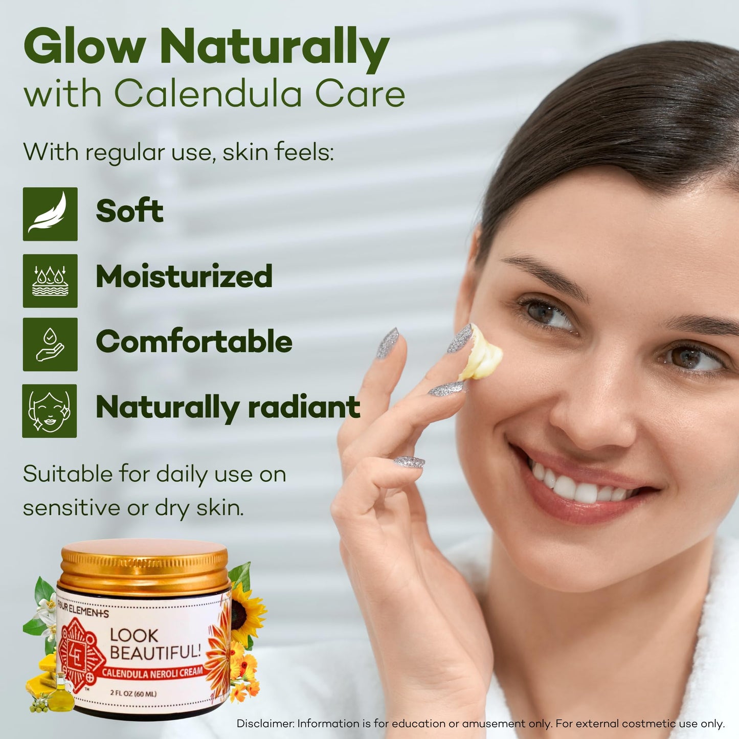 Four Elements 4E Calendula Neroli Cream 2 Oz | Organic Face Moisturizing Cream with Shea Butter & Essential Oils | Hydrating Skin care for Soft, Smooth Skin | Self-Care Gifts for Women