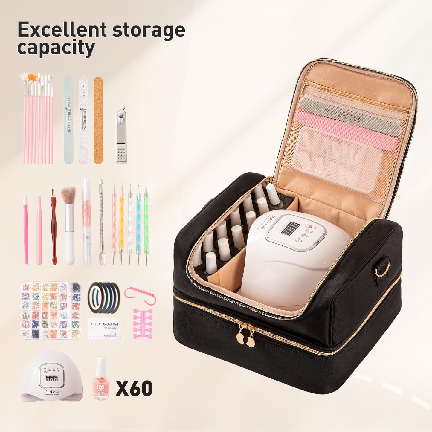 Nail Polish Organizer Bag, Nail Polish Storage Organizer Holds 60 Bottles & Nail Lamp Nail Polish Holder Travel Carrying Case Case Gel Nail Tech Organizer Storage Bag for Nail Supplies (Black)