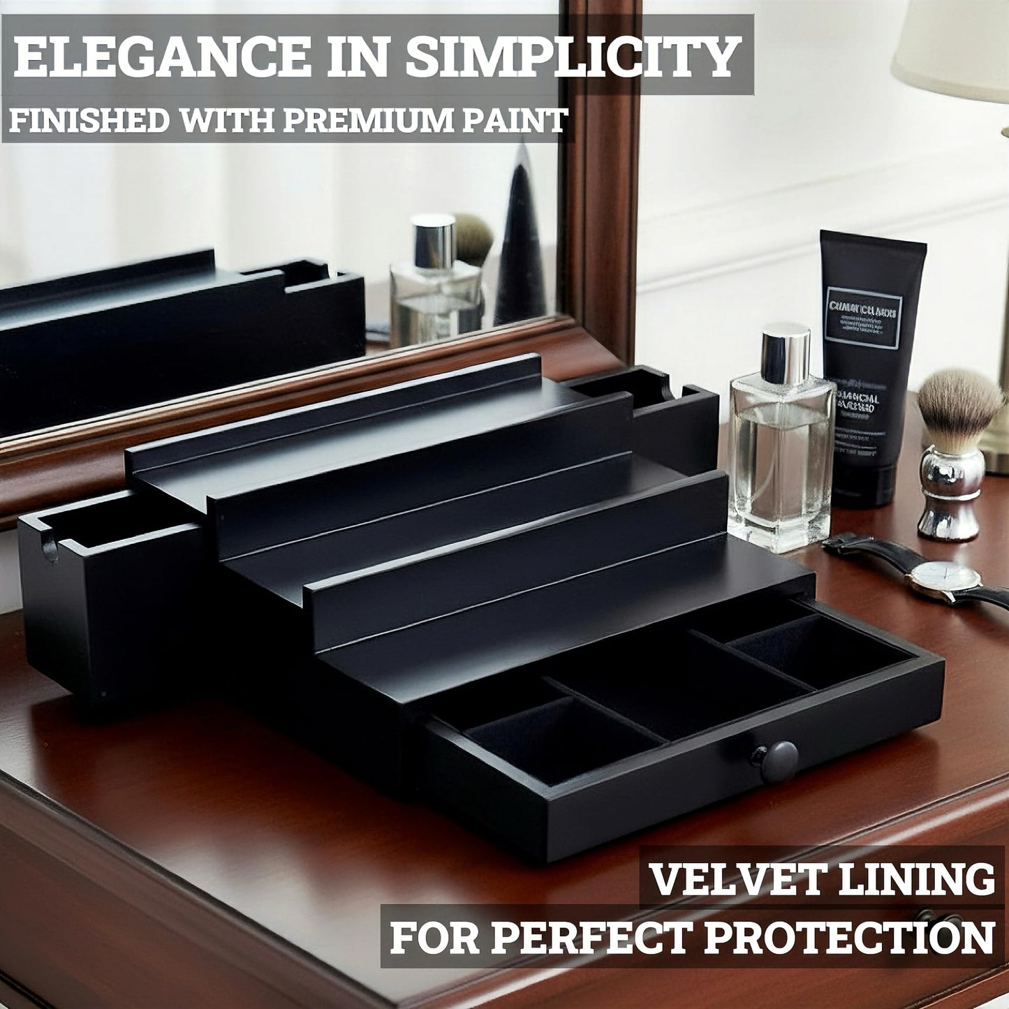 SeLuM Wooden Cologne Organizer for Men 3 Tier | Black Perfume Holder Shelf for Dresser | High Grade Velvet Lining and Stylish Gift Box | Uncluttered Design Perfume Display Stand