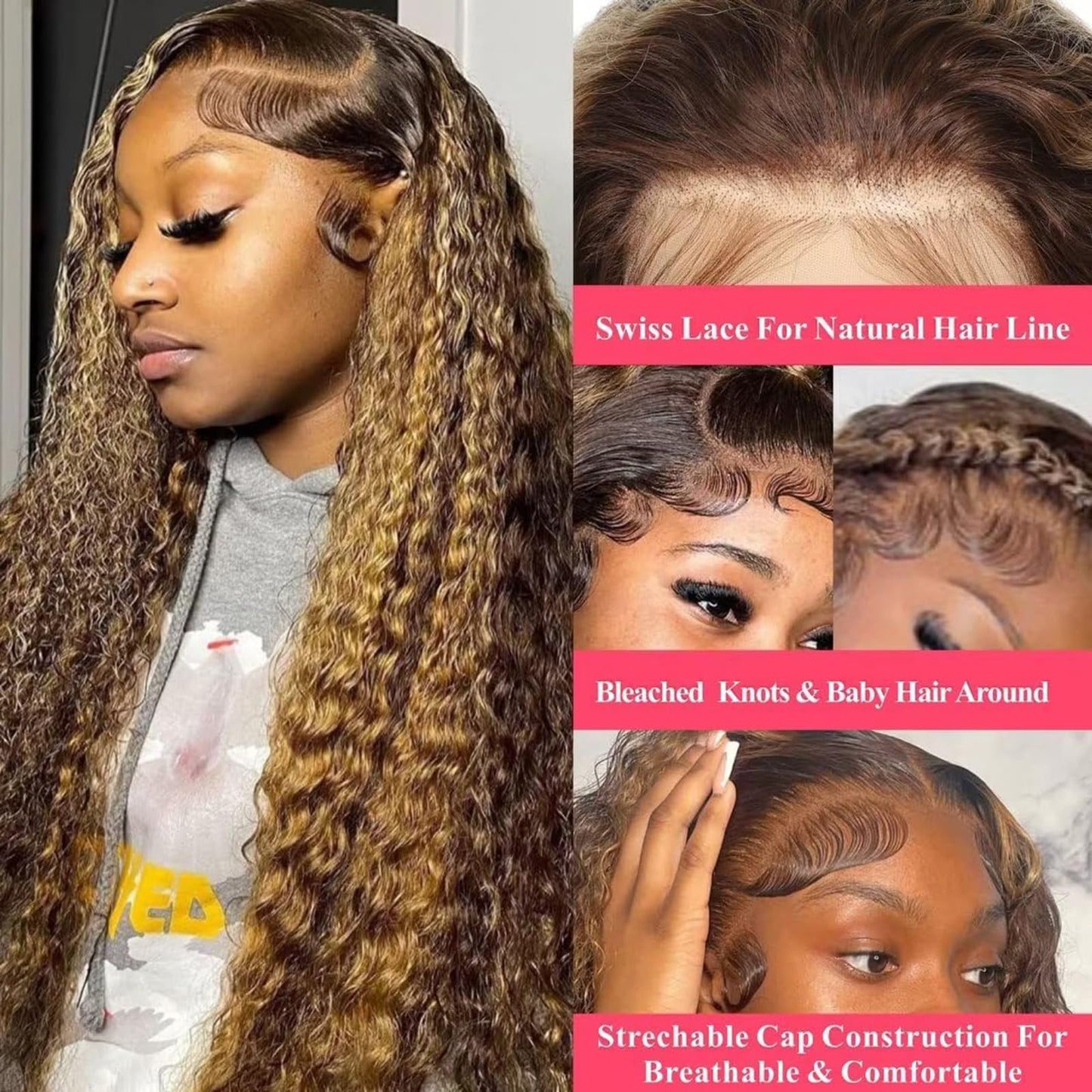 Bafamiya Highlight Brown Human Hair Wig P4/30 Curly Wave Lace Front Wigs Brown 20 Inch 13x6 Wigs Human Hair 200% Density Real Pre Plucked Brazilian Hair For Black Women