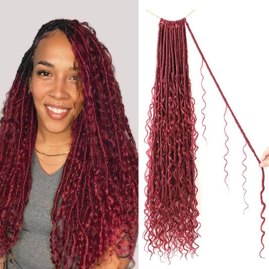 9 packs Boho Faux Locs Crochet Hair, 24 Inch, Burgundy Pre Looped Goddess Soft Locs Crochet Hair with Curly Ends, Bohemian River Locs for Black Women(BUG#, 24 Inch)