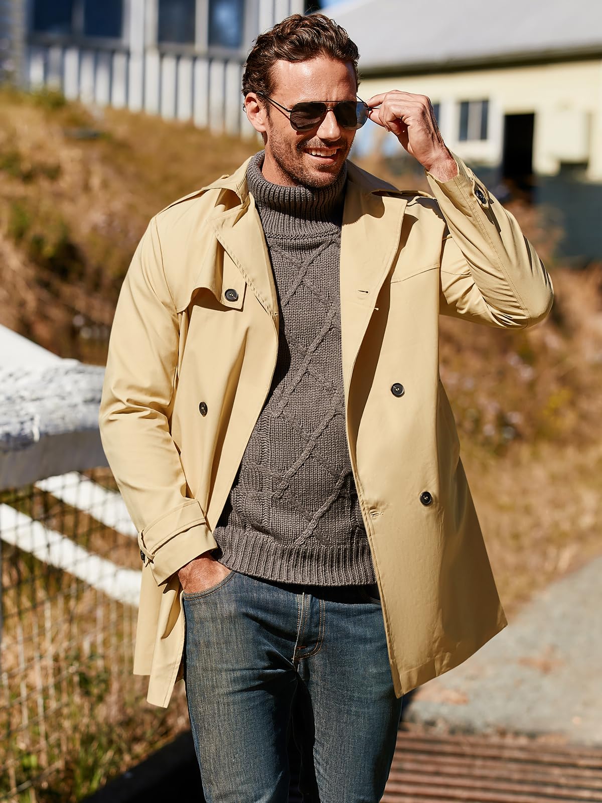 Pretifeel Mens Trench Coat Slim Fit Double Breasted Long Jacket Notched Lapel Belt Fall Windproof Coat Navy Blue