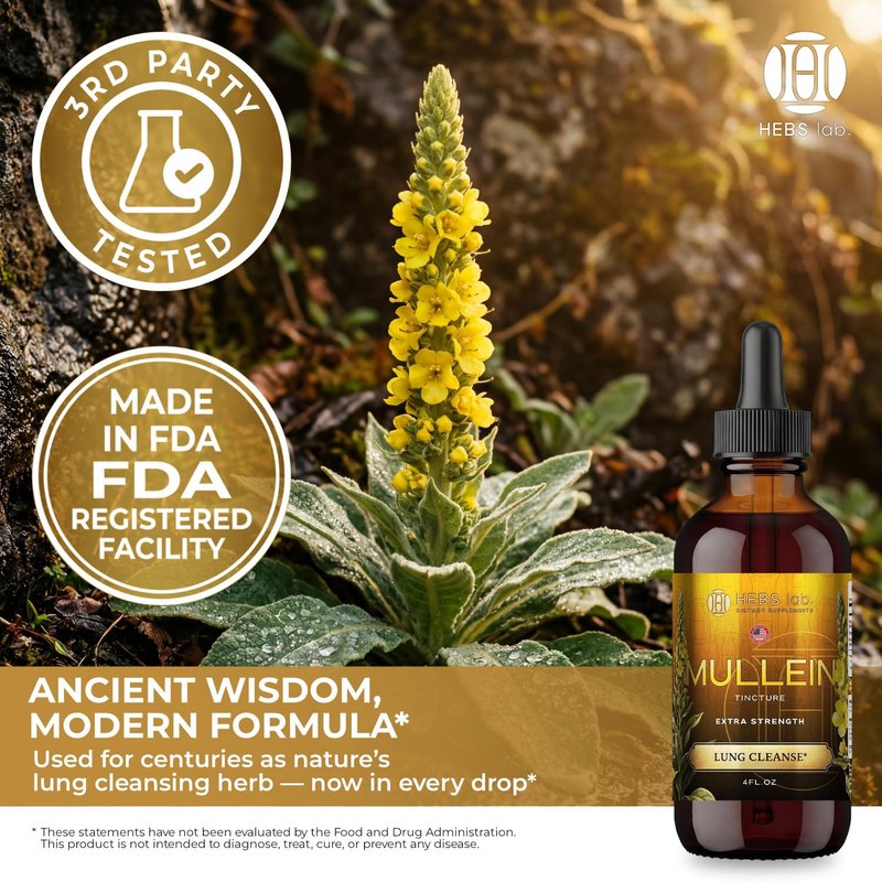 HEBS LAB. Mullein Leaf Extract for Lung Cleanse and Health - Mullein Drops Made in USA - Lung Support Supplement - Herbal Respiratory Support - Mullein Extract Tincture 4 Fl Oz