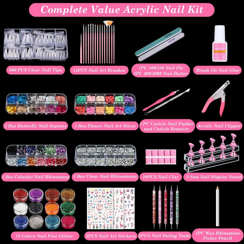 Acrylic Fake Nails Kit Press On Nail Kit with Clear Coffin Nail Tips Nail Display Stand Sequins Sticker Rhinestones Decorations Nail Glue Nail Clay Fine Glitter DIY Nail Art Tool and Supplies