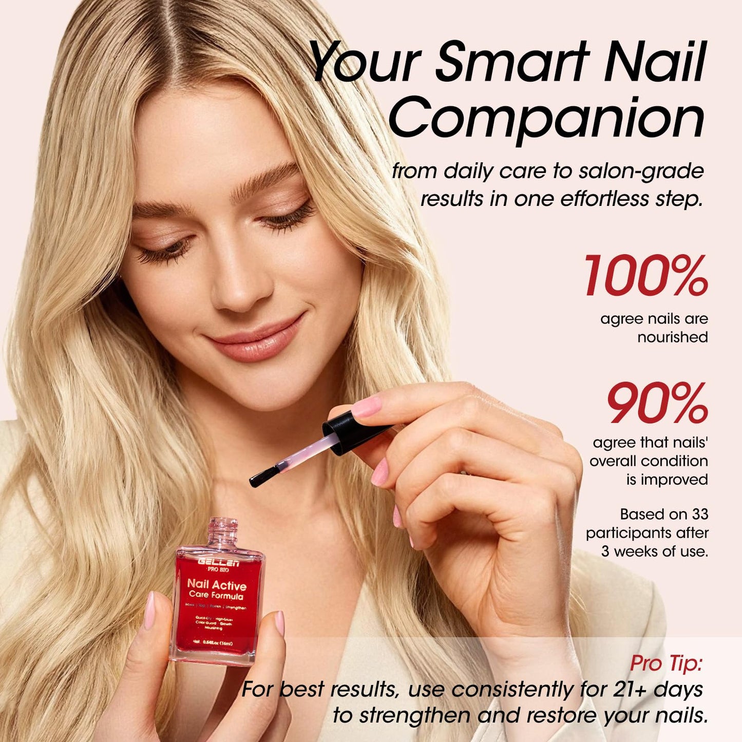 Gellen Active Glow Nail Polish One Step Ridge Filler Nail Strengthener with Hexanal & Pro-VE B5, Pomegranate Seed Oil for Healthier Glossier Nails, Ultra-Glowy Rose Mirror-Like Shine, 0.54 Fl Oz