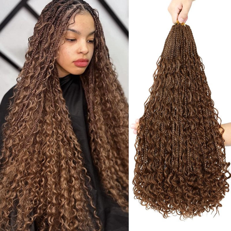 QQPIKHU 24 Inch Boho Crochet Braids Close to Human Hair Mixed Synthetic Goddess Box Braids Crochet Hair Extensions Pre Looped Bohemian Goddess Braids Crochet Hair for Women (#30, 10 Packs)