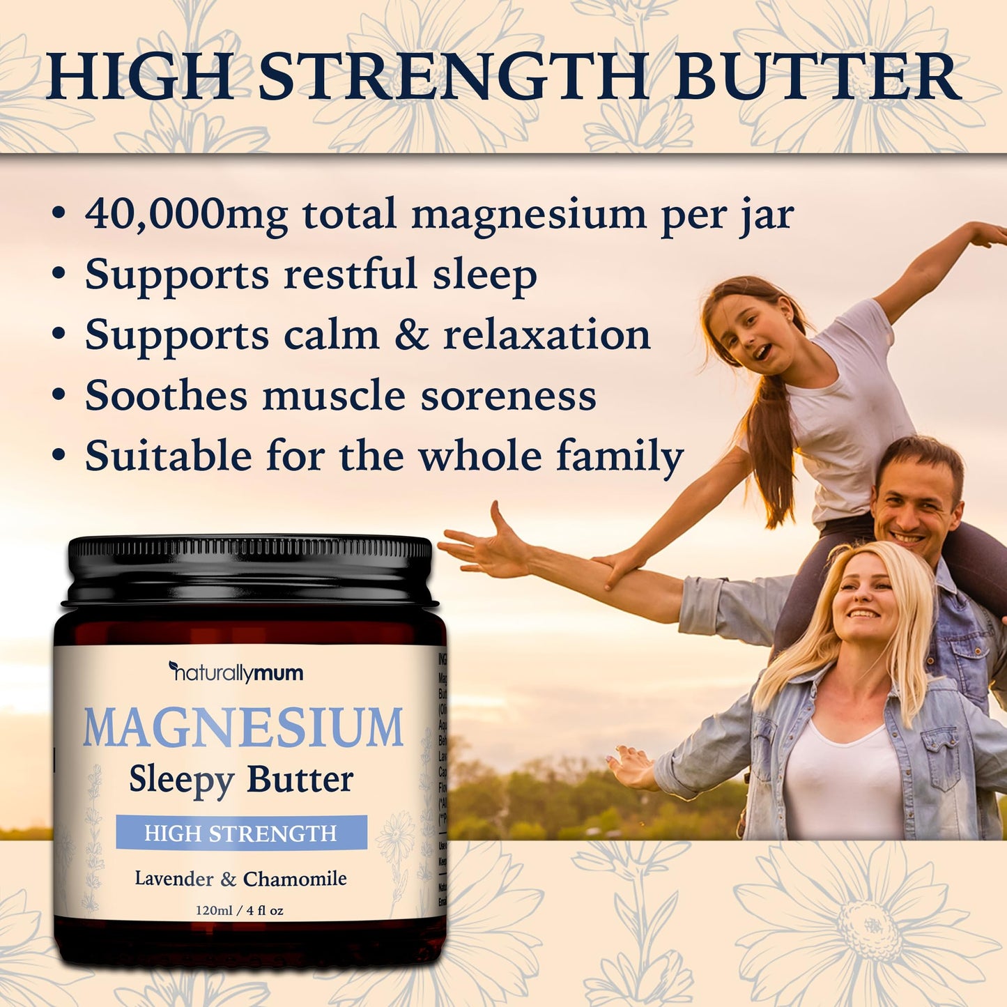 NaturallyMum Magnesium Body Butter – Deep Moisturising Magnesium Skin Butter with Lavender & Chamomile – Nourishing Body Butter for Bedtime Self Care & Dry Skin – Vegan Friendly – 4 Fl oz