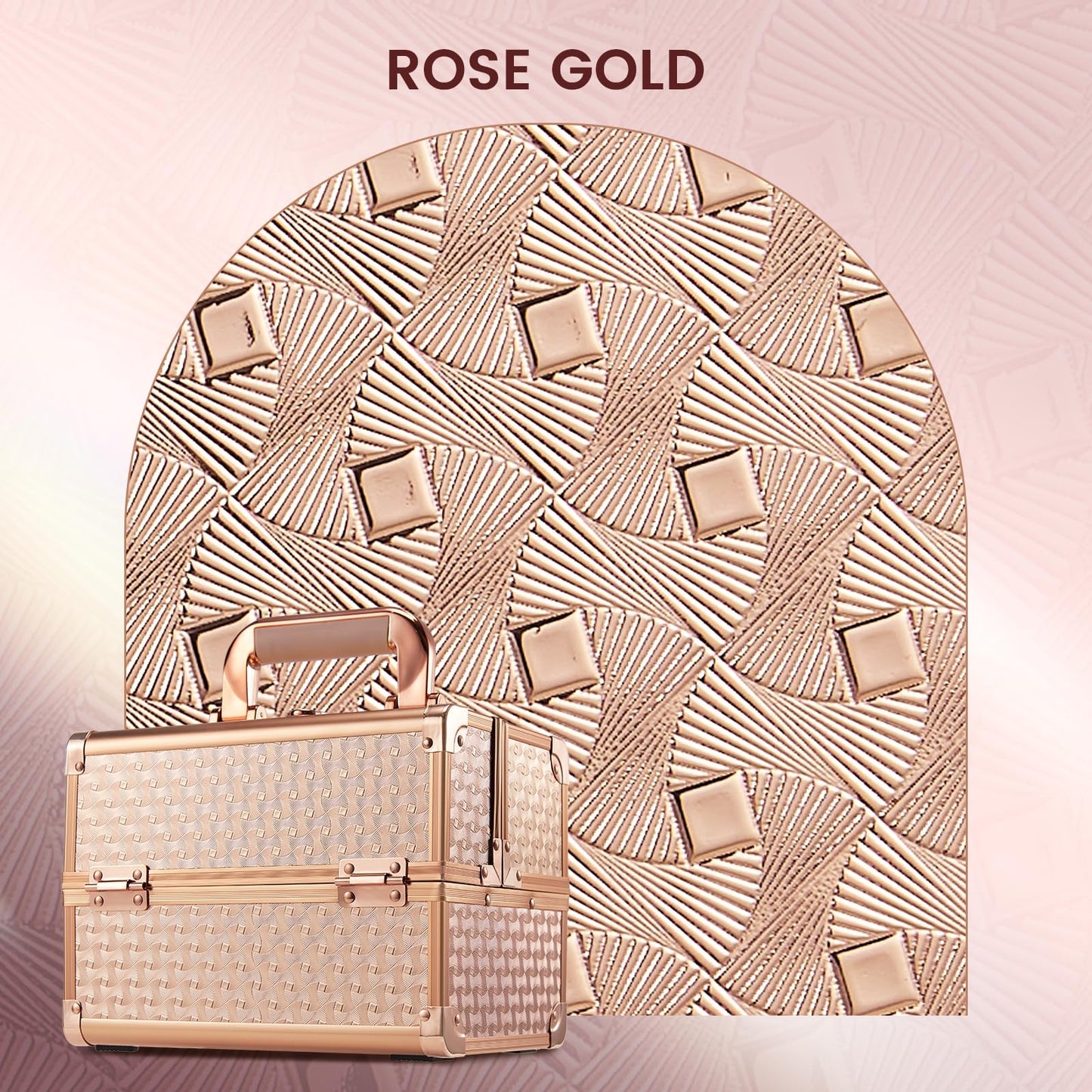 Joligrace Beauty Makeup Train Case for Lady Portable Cosmetic Box Jewelry Organizer Lockable with Keys and Mirror 2-Tier Trays Carrying with Handle Makeup Storage Box - Rose Gold
