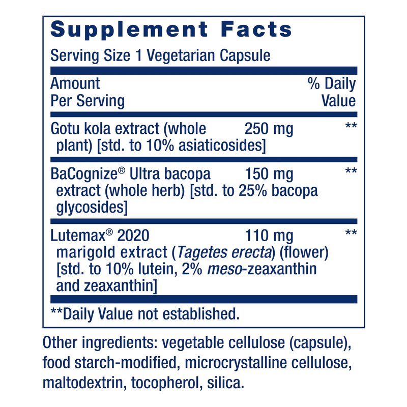 Life Extension Quick Brain Nootropic, Fast Thinking, Learning, Concentration, Lutein, zeaxanthin, gotu kola, bacopa, Gluten Free, Non-GMO, Vegetarian, 1 Daily, 30 Capsules